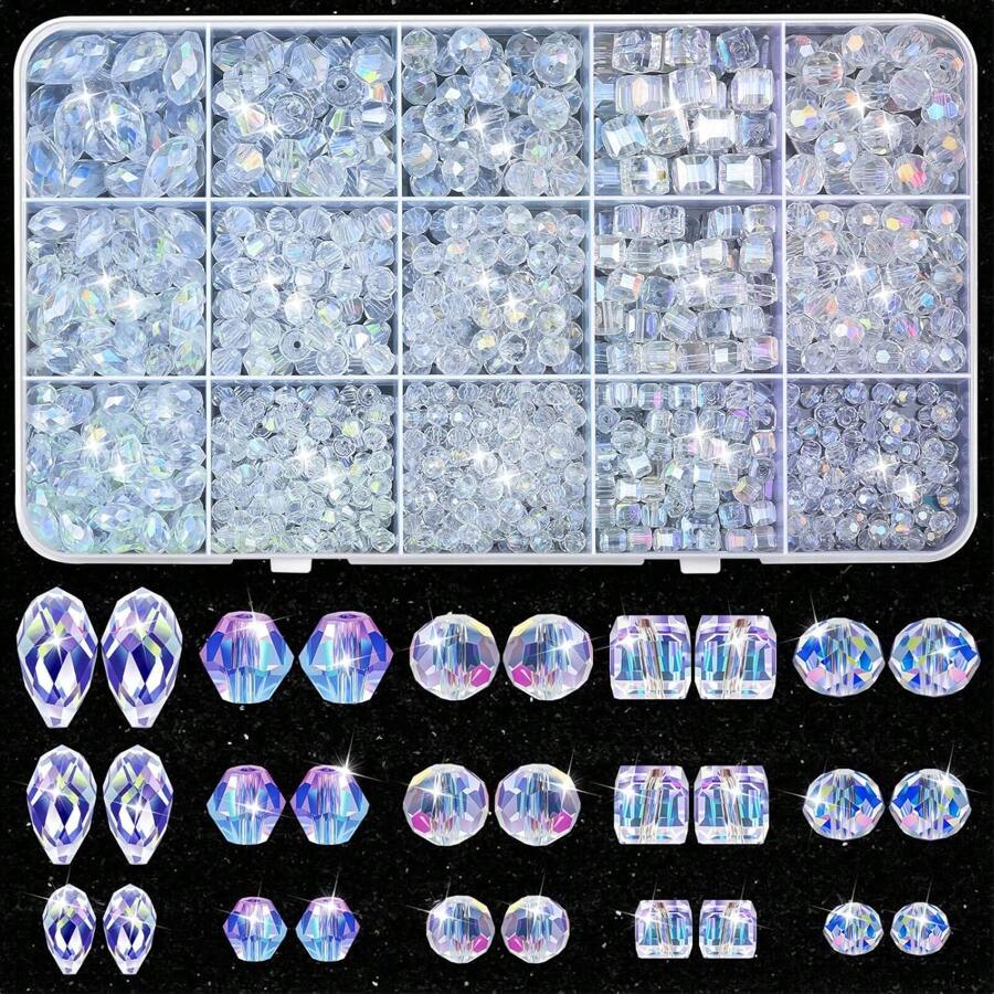 1 set de aproximadamente 900 cuentas de cristal de vidrio para hacer joyas, cuentas de cristal variadas para pulseras, joyería, manualidades DIY o decoración del hogar (cristal transparente AB color)
