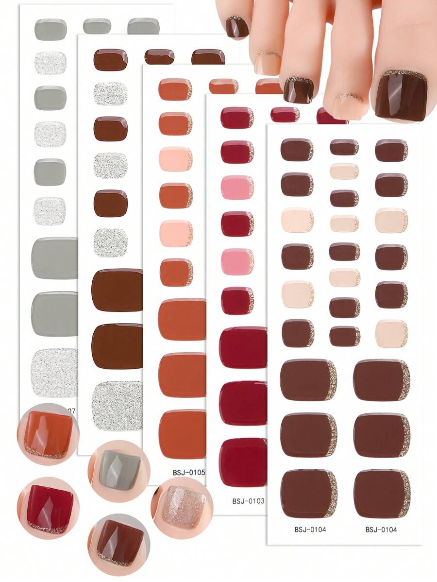 Beauty Sticker 26pcs Semi-Cured Gel Nail Stickers, Multi-Color Designs, French Manicure Style Shiny Self-Adhesive Full Nail & Toe Stickers, DIY Nail Art Supplies For Women, Suitable For Spring & Summer