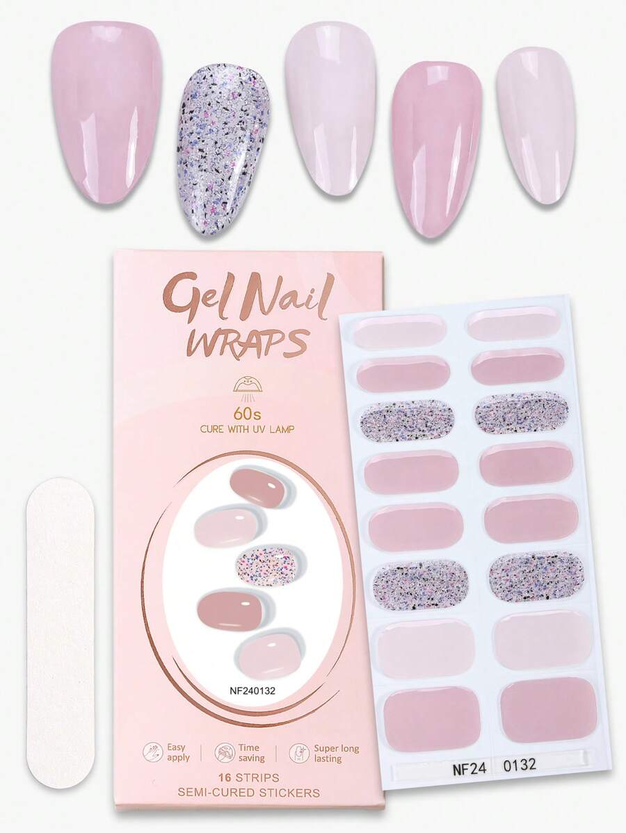 Beauty Sticker 16 pièces Autocollants pour ongles en gel semi-durcis, pointes d'ongles adhésives complètes brillantes dégradé rose printemps, tiennent 14 jours, résistant à l'écaillage, fournitures pour l'art des ongles DIY pour les femmes