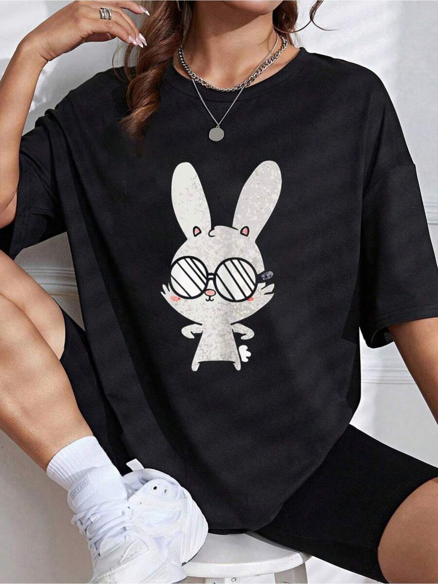 Cute Bunny Face Leopard Glasses Headband Happy Easter Day T-Shirt - 100% Cotton Casual Short Sleeve Crew Neck T-Shirt For Spring & Summer