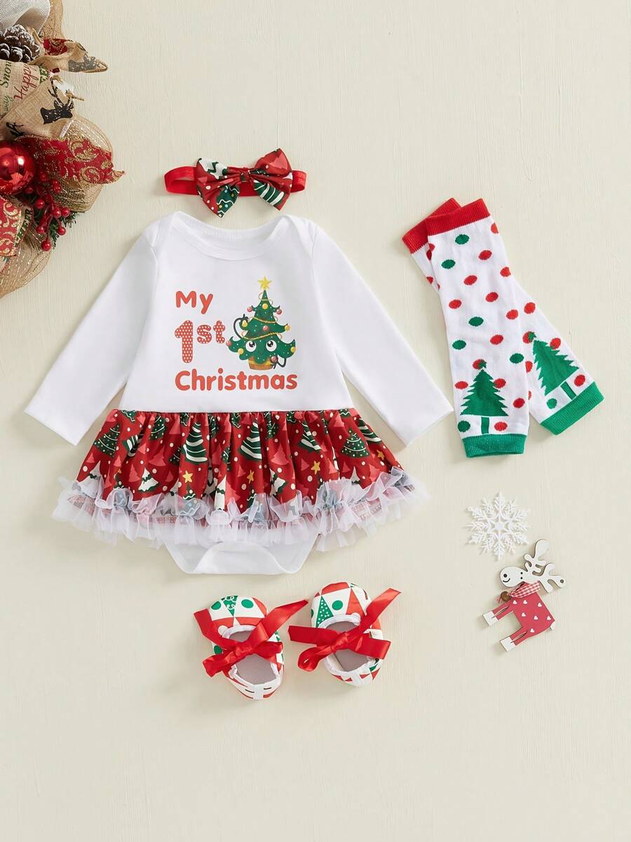 Baby Girls Rompers Dress Christmas Clothes Letter Christmas Tree Print Skirt Hem Bodysuits With Headband, Shoes, And Leg Warmers