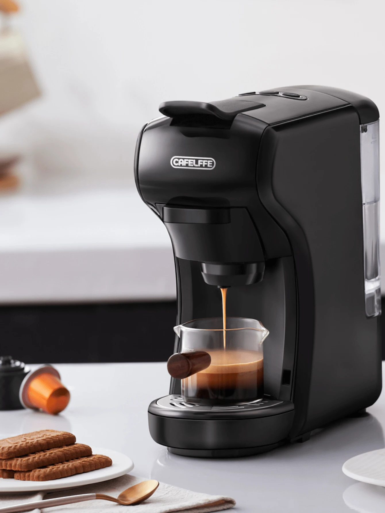 RAF CAFELFF Fully Automatic Capsule Coffee Maker, Home Small Multi-Function Hot & Cold Water 7 Levels Coffee Maker, Espresso & American Style