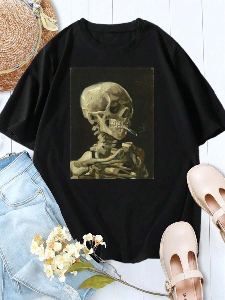 Valentine's Day T-Shirt Van Gogh Style Skull With Burning Cigarette (1886) - Ladies' Tee