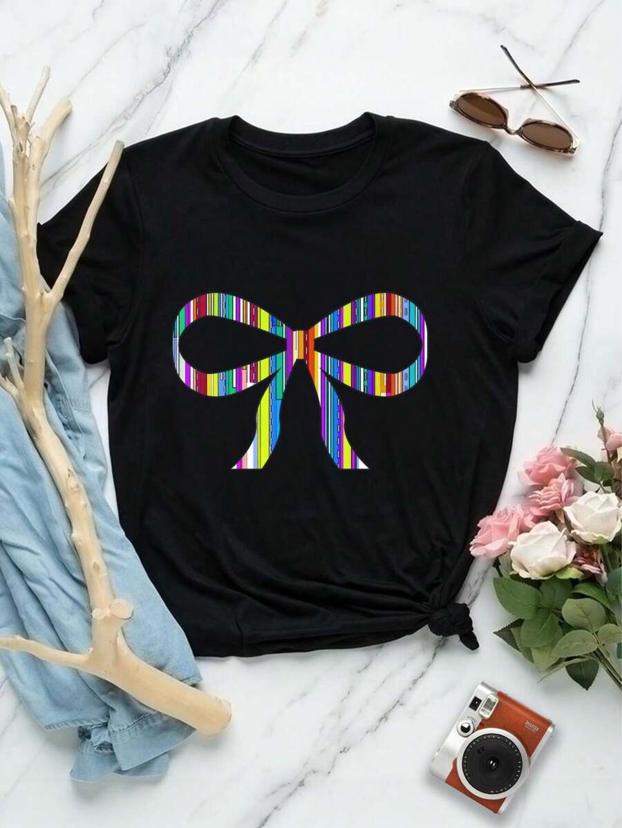 Valentine's Day Colored Bow T-Shirts For Women Girls Chromatic Geometric Decorative Bow Designs