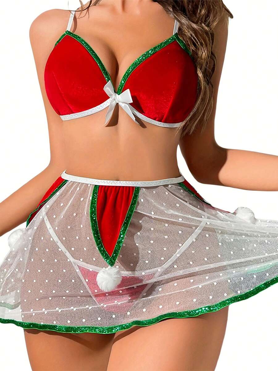 Women's Christmas Sexy 3 Piece Set - Bow Decorated Bra - Ball Decorated See-Through Skirt - Thong