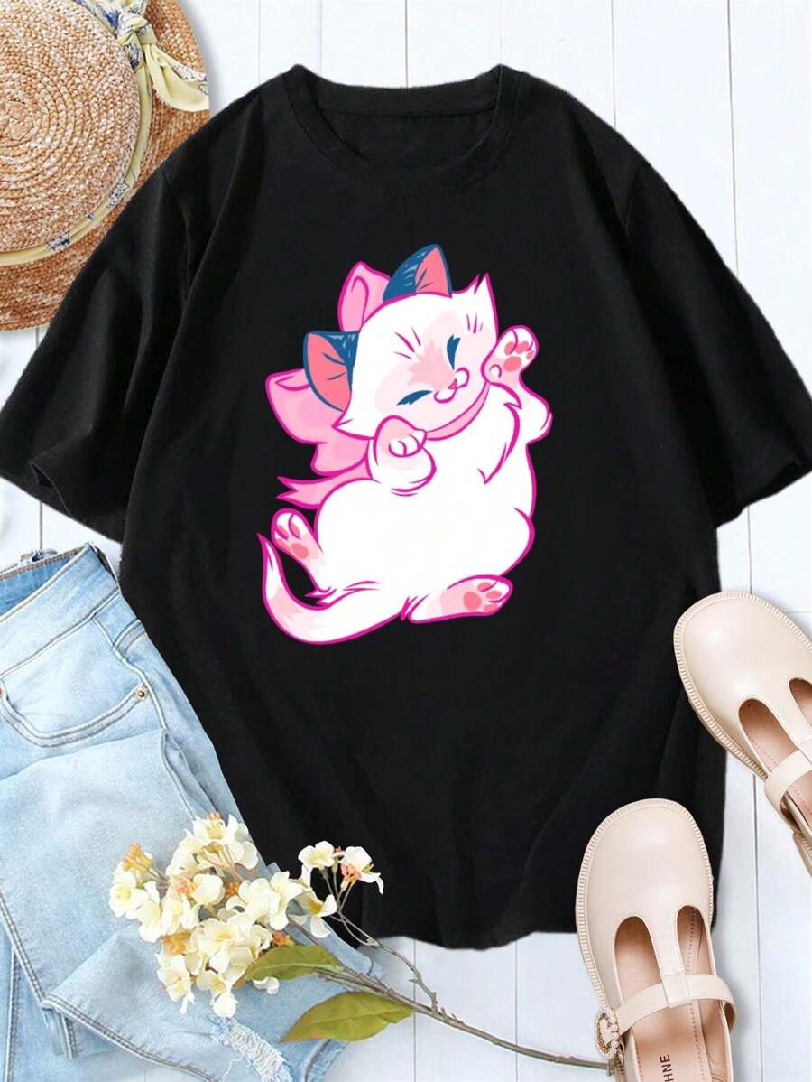 Valentine's Day Kozy Kitty T-Shirt Adorable Pink Cat With Bow - Cute Kawaii Cozy Kitten For Ladies