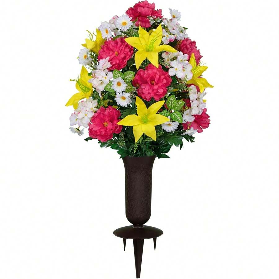 Beauty Pink Peonies, Yellow Lilies, & White Daisies Bouquet With Cemetery Vase With Spikes Artificial Flowers For Cemeteries