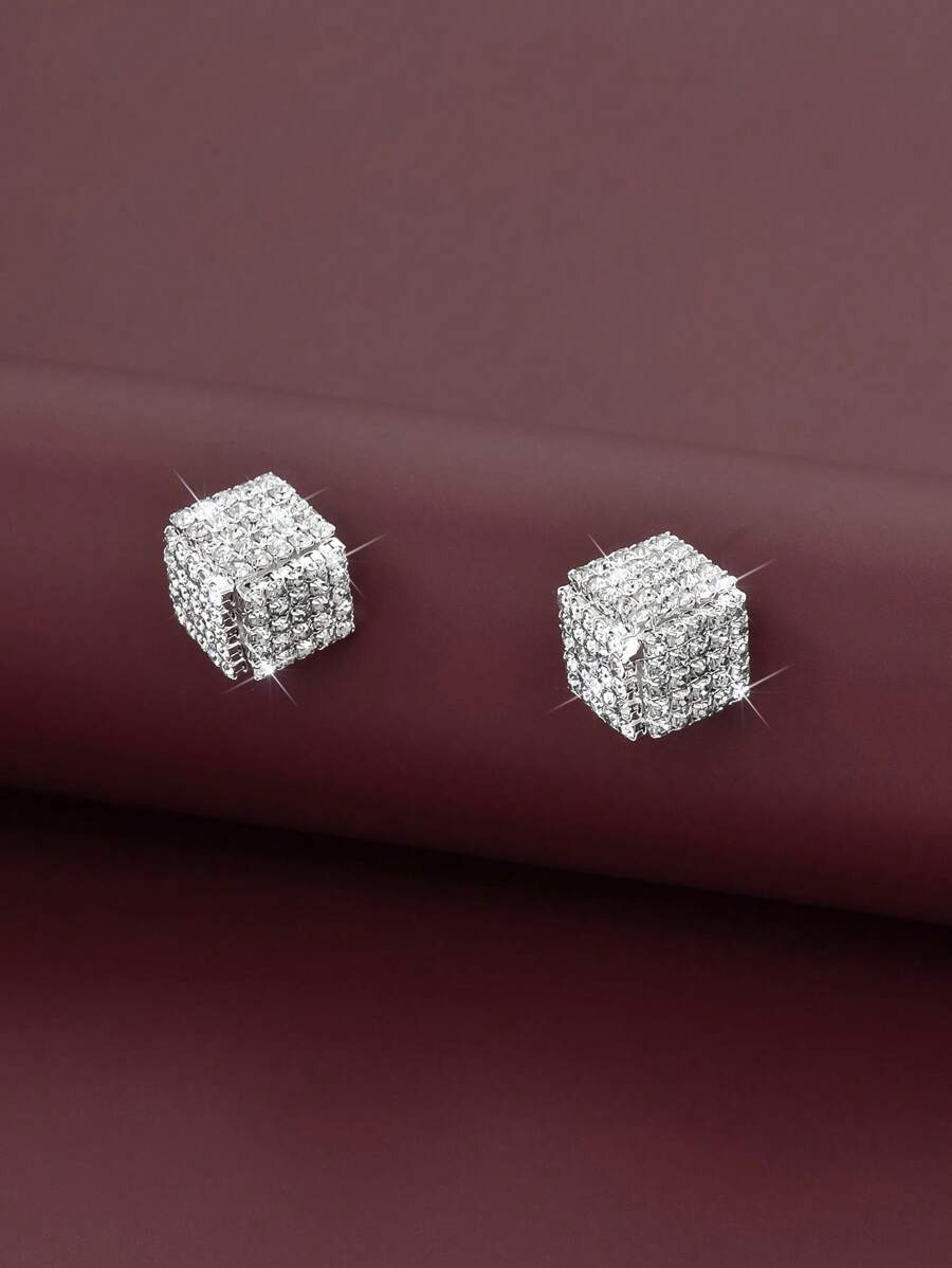 1 Pair Unique Square 3D Rhinestone Stud Earrings, Original Design For Women Daily Casual Holidays Dates Parties