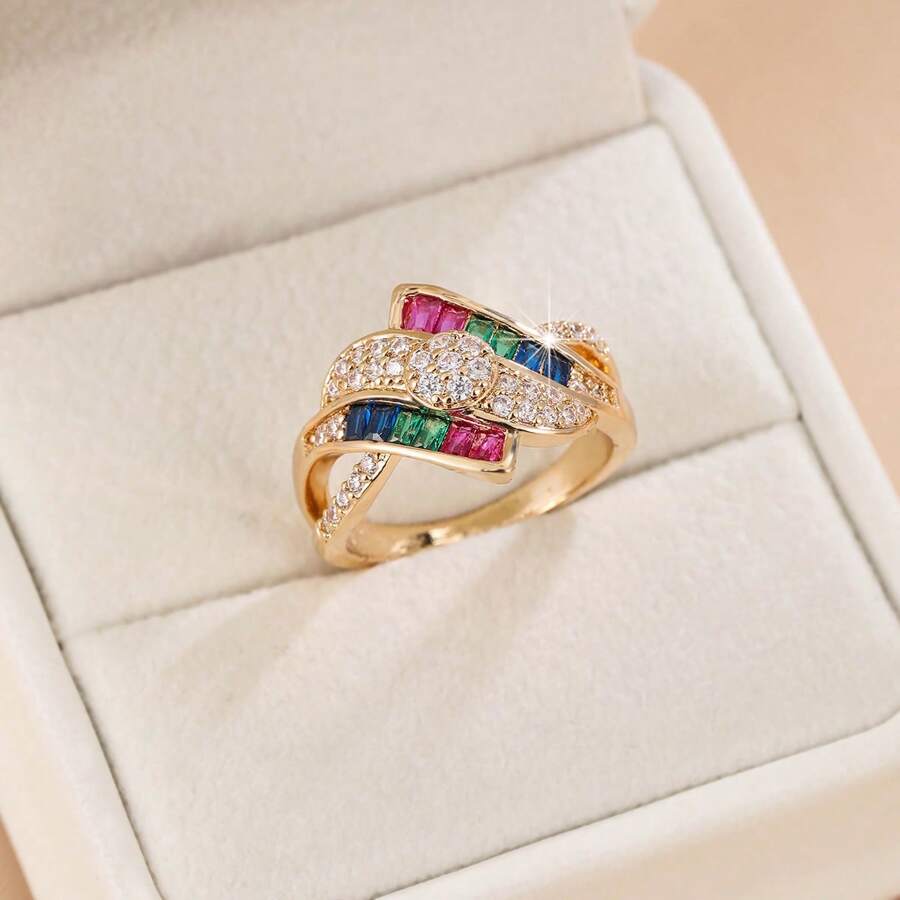 1pc Women's Fashion Design Copper Inlaid Colorful Zirconia Stone High-End Ring, Wedding/Party Accessories, Valentine's Gift,Mom,Mother,Mother's Day,Gift