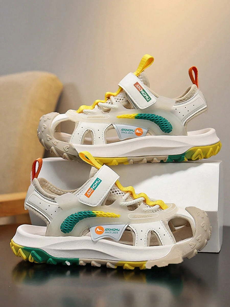 Children Boys' Spring/Summer Outdoor Style Anti-Skid Wear-Resistant Sports Sandals, Leather & Mesh Design, Breathable & Comfortable, With Anti-Collision Toe Cap, Suitable For Daily And Outdoor Wear