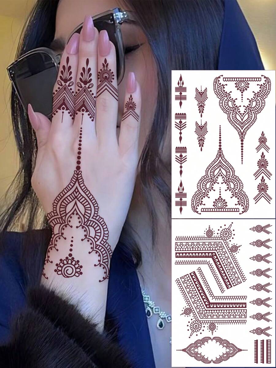 2 pezzi Tatuaggi temporanei Henna di grandi dimensioni, colore marrone-rosso
