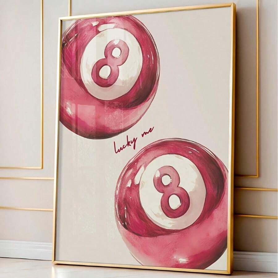 1 Pieza de impresión en lienzo de arte decorativo contemporáneo, póster moderno y simple de la bola de billar rosa de la suerte, arte de pared de chica linda y elegante, pieza de decoración de interiores para dormitorio, sala de estar, oficina en casa, comedor, dormitorio, apartamento, decoración minimalista de habitación