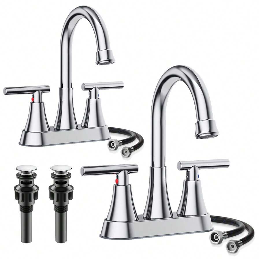 THE Bathroom Faucets 4 Inch Matte Black Bathroom Sink Faucet, Stainless Steel Lead-Free 2-Handle Centerset Faucet With Pop-Up Drain And 2 Supply Hoses Fits 2 Or 3-Hole Sink