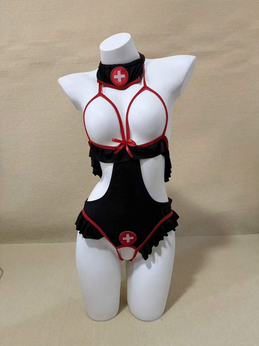 2pcs Women's Sexy Lingerie Halloween Naughty Maid Nurse Cosplay Costume Lingerie Nightclub