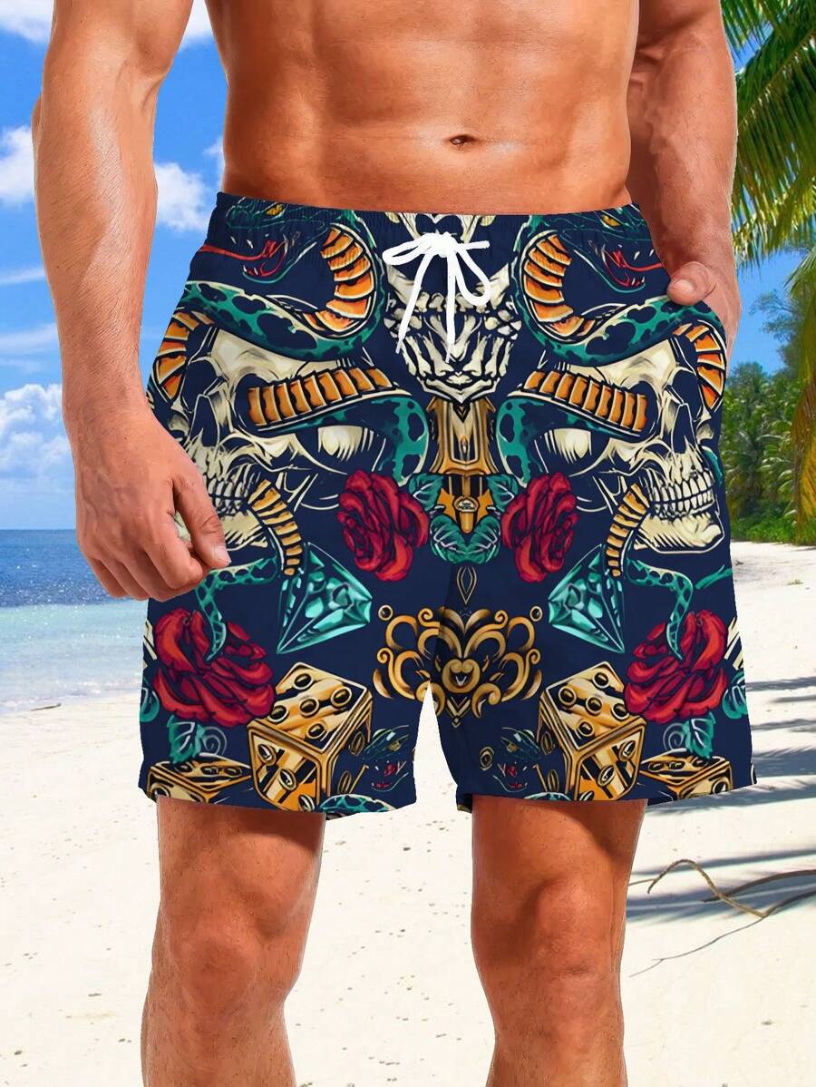 Pantalones cortos con cordón de hombre con patrón de calavera de esqueleto y serpiente, bolsillos novedosos y elegantes para uso casual de verano