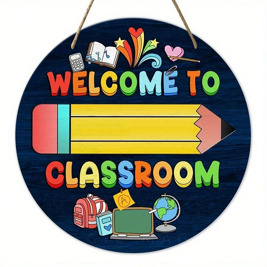 8-Inch Round Wooden Classroom Welcome Sign, Wall-Mounted Teacher Door Plaque, Multipurpose Education Decor, English Language, Ideal Teacher & Back-To-School Gift, Random Mounting Style