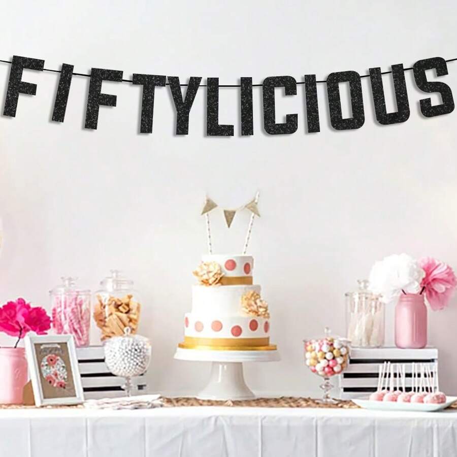 Pancarta con brillo dorado "Fiftylicious", decoración para fiesta de 50 cumpleaños, decoración para 50 aniversario de boda, suministros para fiesta de cumpleaños importante