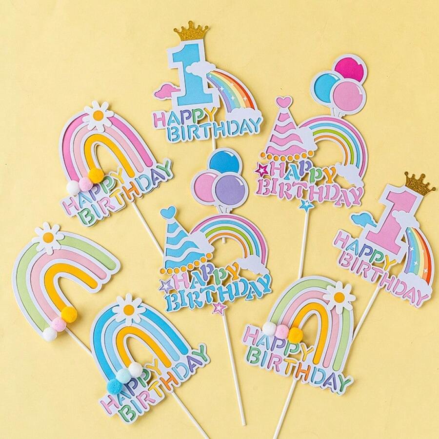 10 piezas Decoraciones para pastel arcoíris de "Feliz cumpleaños", decoraciones de papel para pastel de boda, set de cupcakes, sin electricidad, sin plumas, decoración para hornear