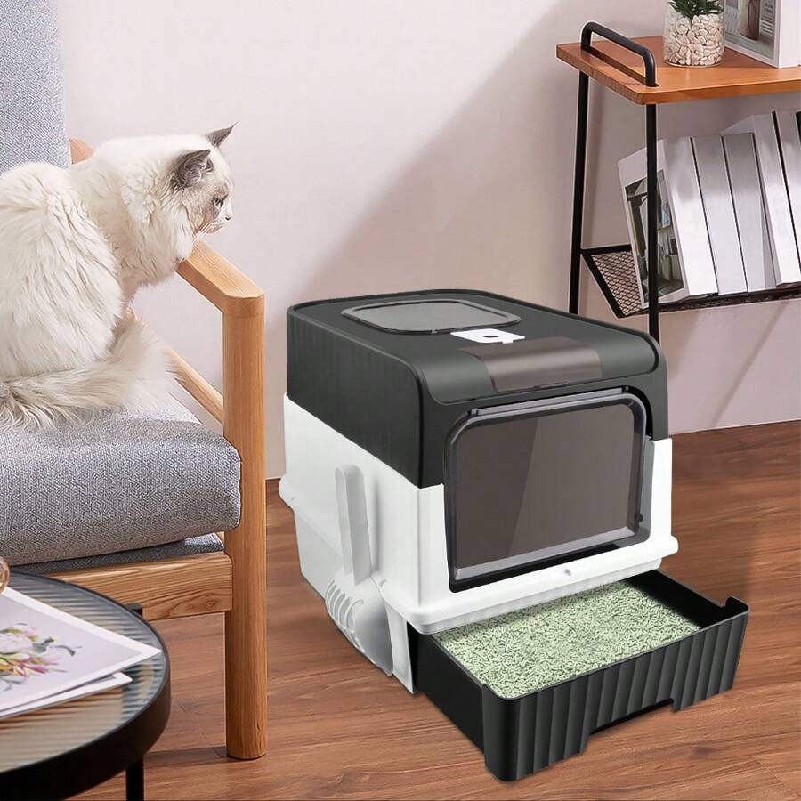 Maison de Toilette pour Chat - Bac à Litière Fermé - Compartiment Inférieur Amovible pour un Nettoyage Facile - Pelle à Litière et Boîte de Sac Désodorisant Inclus - 49cm x 37cm x 35 cm - Noir/Gris/Rose