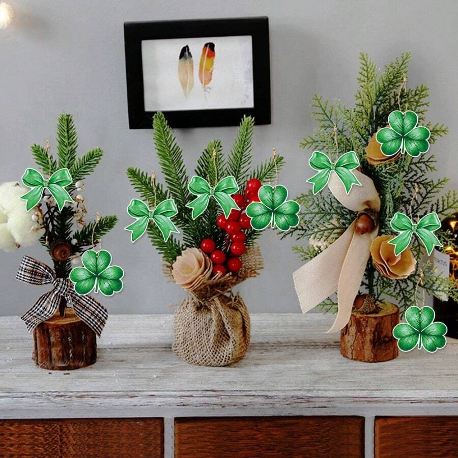 12pcs/Set Green Clover & Bow Irish Holiday Gift Tags, St. Patrick's Day Pendant Decor, Suitable For Festivals And Party Decoration