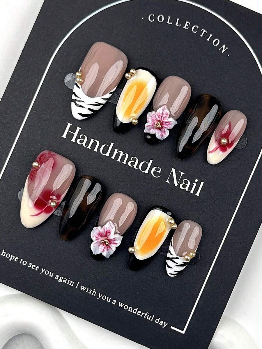 Juego de 10 piezas de puntas de uñas en forma de almendra con estampado francés glamoroso de leopardo y efecto tie-dye 3D floral, decorativas y elegantes, adecuadas para mujeres y niñas, uñas postizas