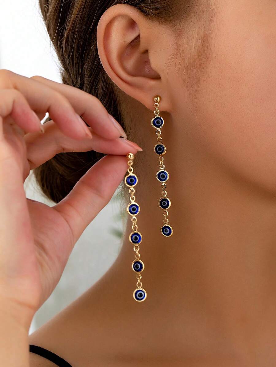 1 par de pendientes elegantes con borlas y diseño de ojo malvado geométrico chic
