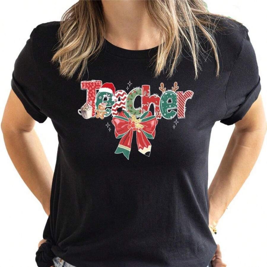 Christmas Coquette Bow Teacher Shirt, Christmas Teacher Gift, Christmas Pencil Bow Teacher Gift Shirt, Custom Christmas Teachers Outfit