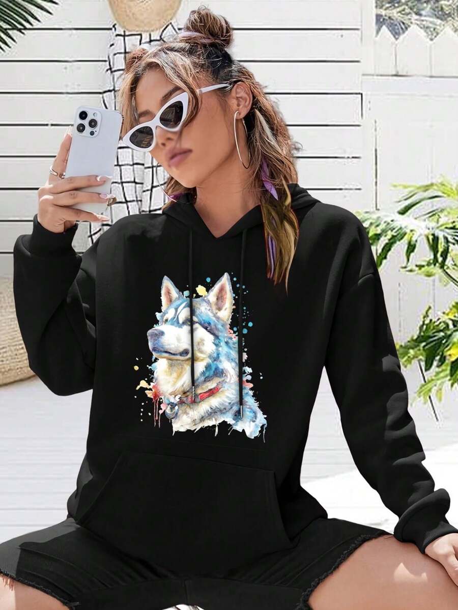 Siberian Husky Head Watercolor Portrait - Fine Art Print Big Size Women Hoodie Hoodie For Ladies