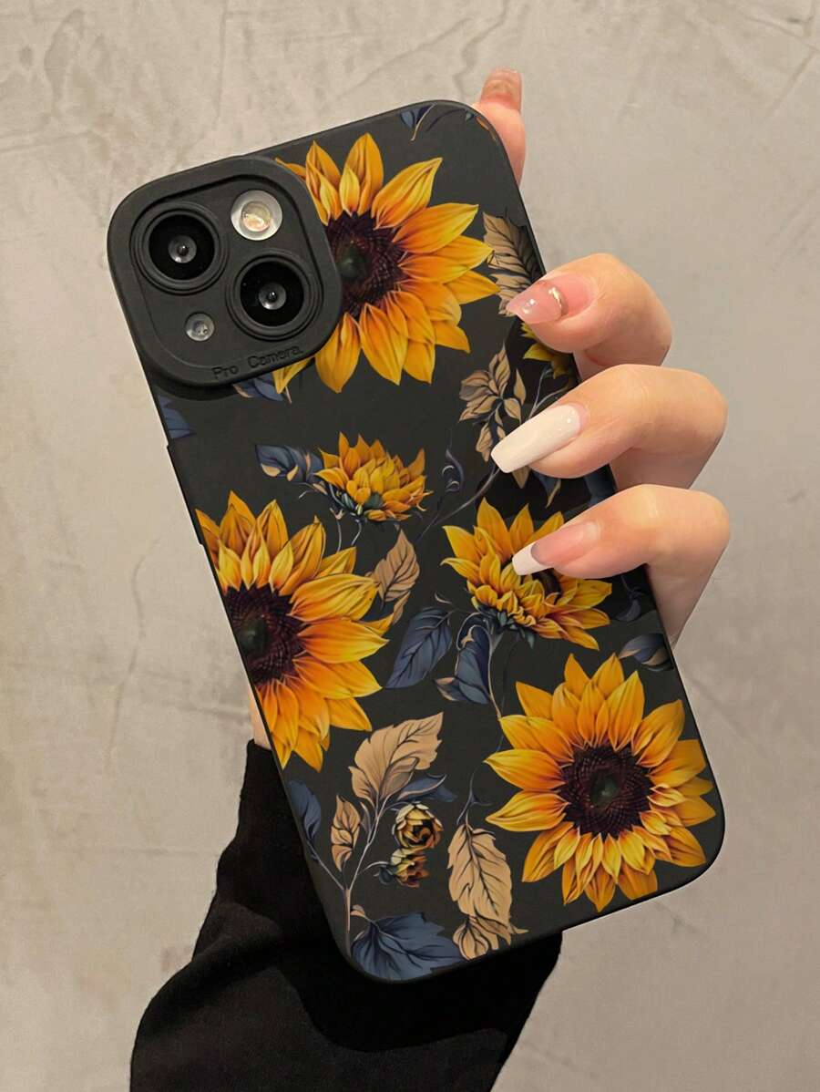 Etui na telefon z TPU z nadrukiem słonecznika w kolorze czarnym, 1 sztuka, odporne na upadki, kompatybilne z iPhone 16, 15, 14, 13, 12, 11 Pro Max i serią