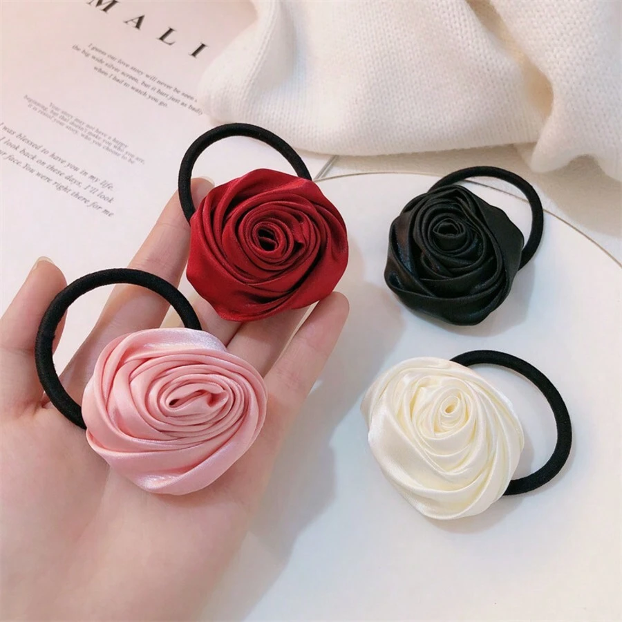 4pcs Elegant Rose Satin Hair Scrunchies, Minimalist Charming Sweet Vintage High-End Floral Print Ponytail Holders, Suitable For Daily Commute, Party, Outfit Matching, Bohemian, Polyester Fiber,Hair Accessories,Hair Elastics,Hair Ties,Hair Rope