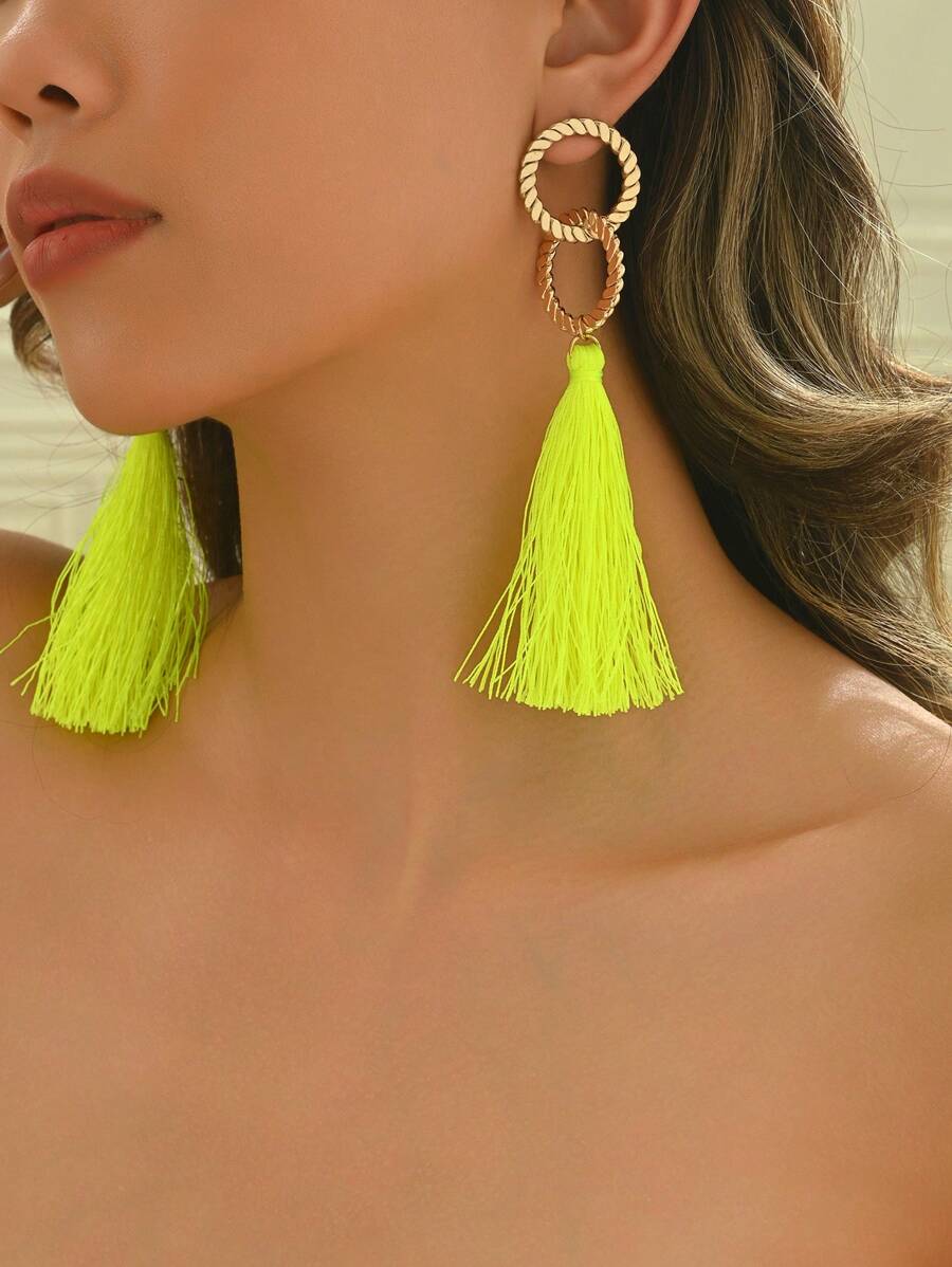 1 par de pendientes con borlas de cadena y diseño geométrico circular de moda y sencillos