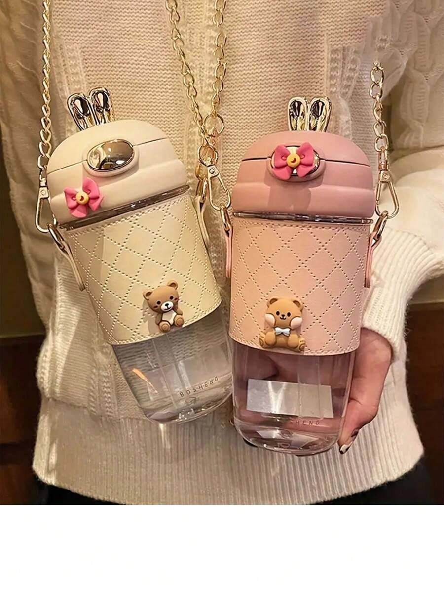 In Style Water Cup For Female Students, Attractive Slanted Plastic Cup With Strap, Large Capacity, Straw Water Bottle, Portable, For Outdoor, Camping