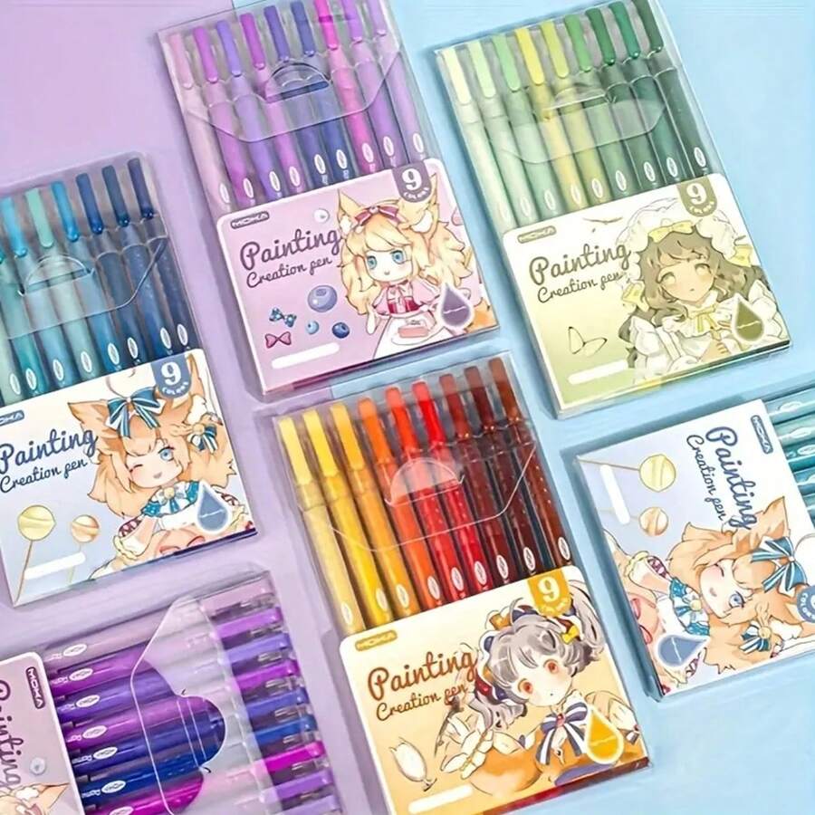 1 Box 9PCS Quick-Drying Gel Ink Pens, Medium Tip (0.5mm), 9 Colors, Plastic Material, Ideal For Drawing And Journaling