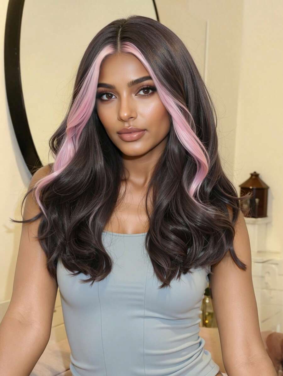 Stylish 18-Inch Pink Long Curly Hair With Bangs Highlights Synthetic Heat-Resistant Fiber Wig Women's Wigs Are Perfect For Holiday Party Everyday Wear