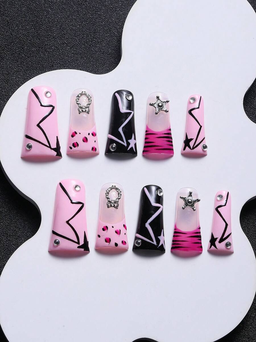 10pcs Long Almond-Shaped Pink Leopard Pattern French Style Handmade Nail Art Tips, Y2K Glam Rhinestone Decor Press On Nails