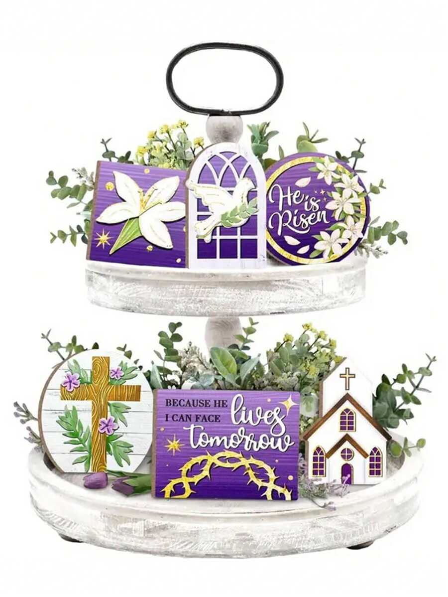 7 stuks Paaslente paarse lelies Hij is opgestaan kantoor posterbord kunstwerk decoratie houten geen gelaagde lade decoratieve bureau feest accessoires plaquette bevestigingen tafelbord, paascadeau voor vrienden (geen lade) terug naar school