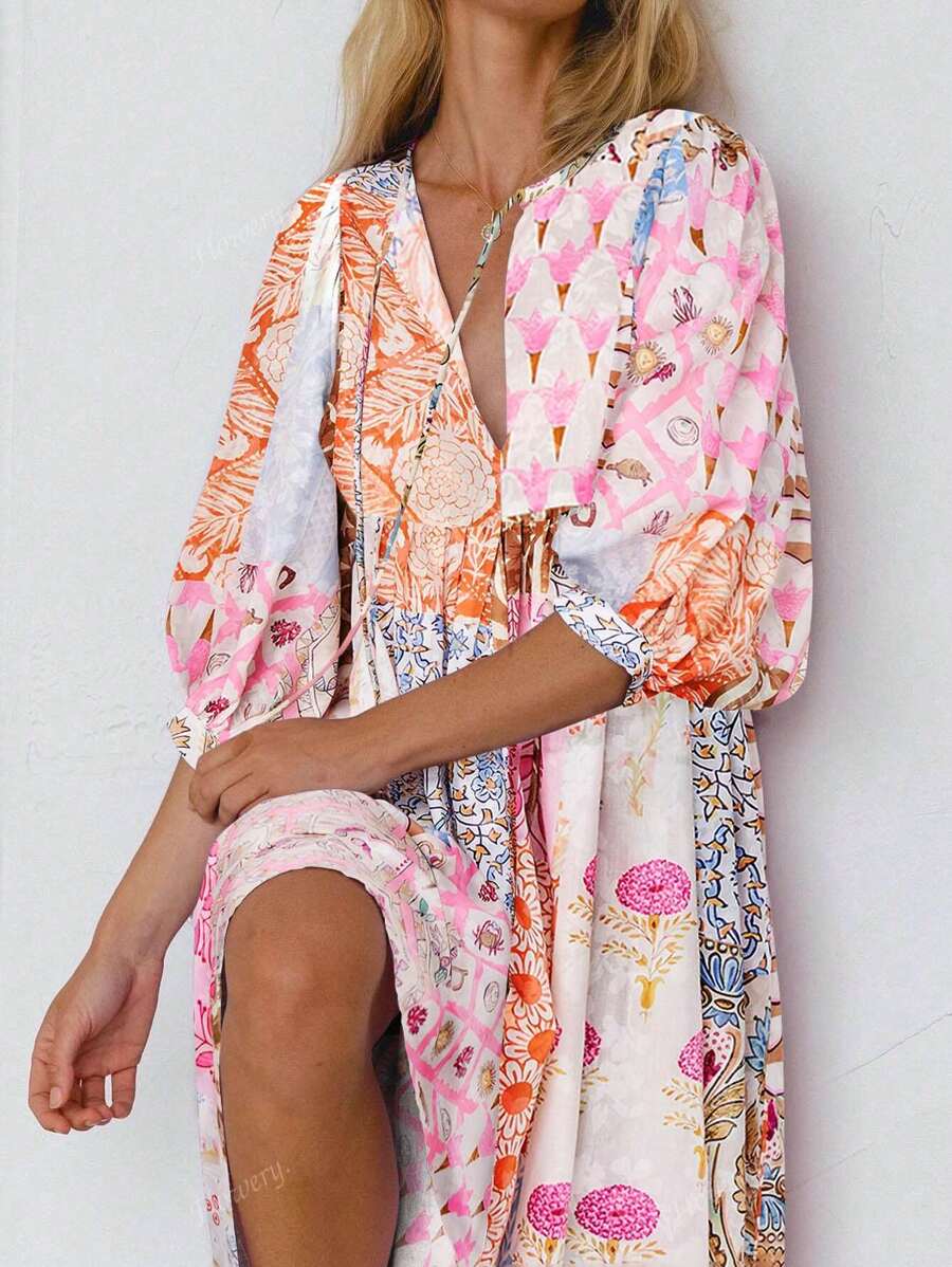 Vestido Maxi de Mujer de Mangas Linterna Estilo Bohemio con Cuello en V, Lazada, Bolsillos y Estampado de Retazos al Azar