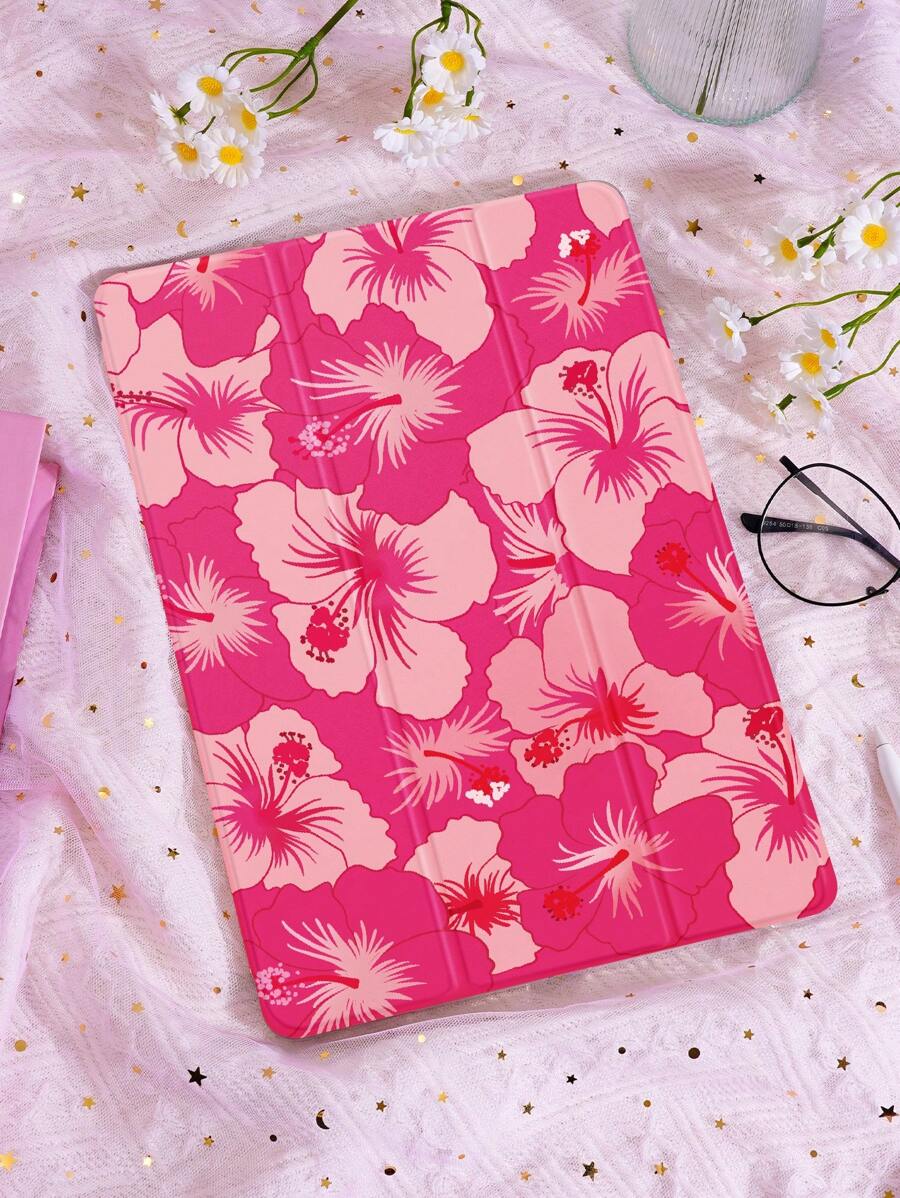 1pc Pink Lotus Flower Pattern Tablet Protective Case, Compatible With IPad 10.2", IPad Pro 2021/2020, IPad 9/10, Galaxy Tab A8 10.5" 2022, Matepad 10.4"/Tab, With Pencil Slot, Shockproof Design, Sleep/Wake Function