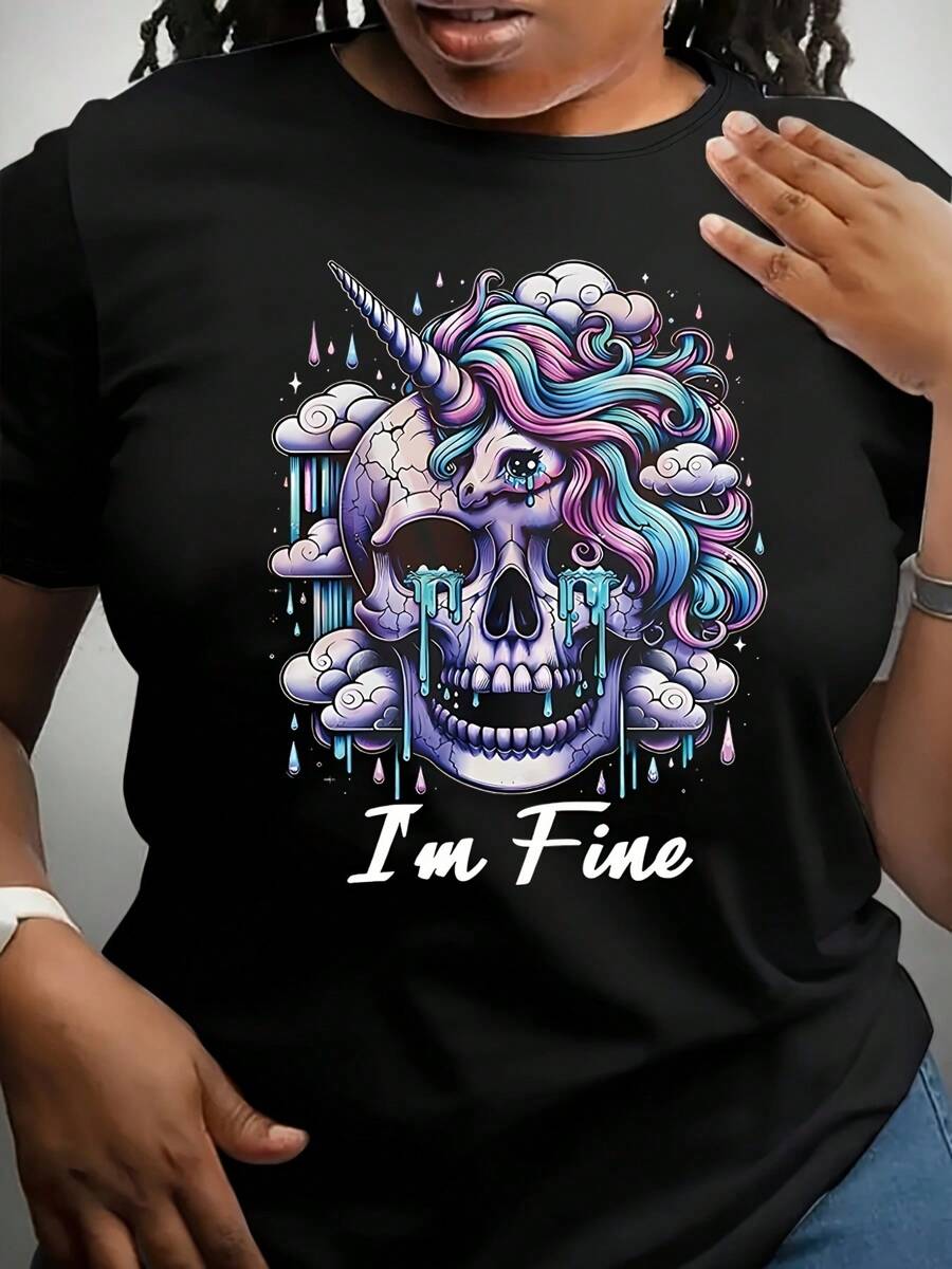 Women's Plus Size Skull Print T-Shirt - Casual Crew Neck, Short Sleeve, Stretchy Polyester Blend, Machine Washable