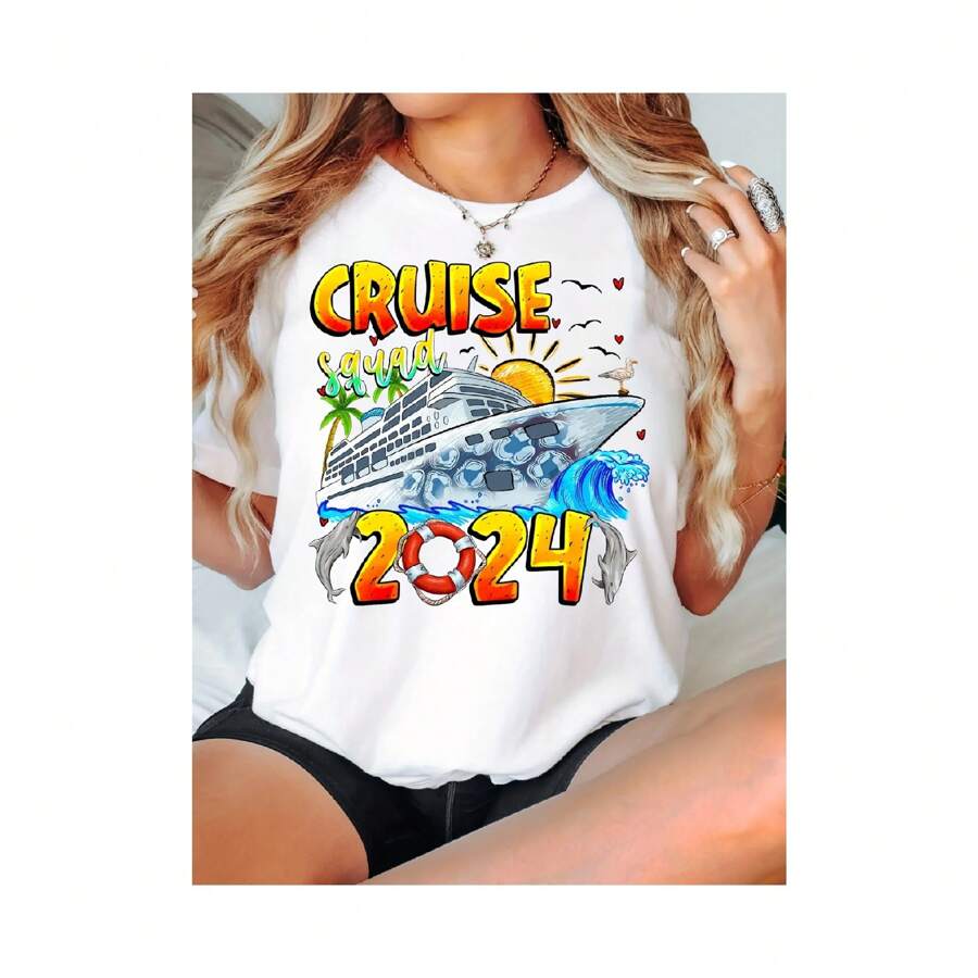Cruise Print Crew Neck T-Shirt - Women's Casual Short Sleeve Tee For Spring & Summer