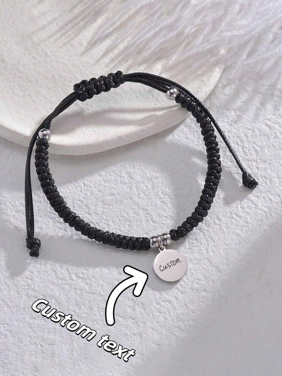 1 pieza de brazalete personalizado de acero inoxidable con cuerda negra tejida a mano, brazalete personalizado con grabado, brazalete personalizado versátil para parejas, con nombre personalizable, texto, letras, adecuado para cumpleaños/fiestas/aniversarios, se puede usar como regalo para padres/novio/novia/parejas