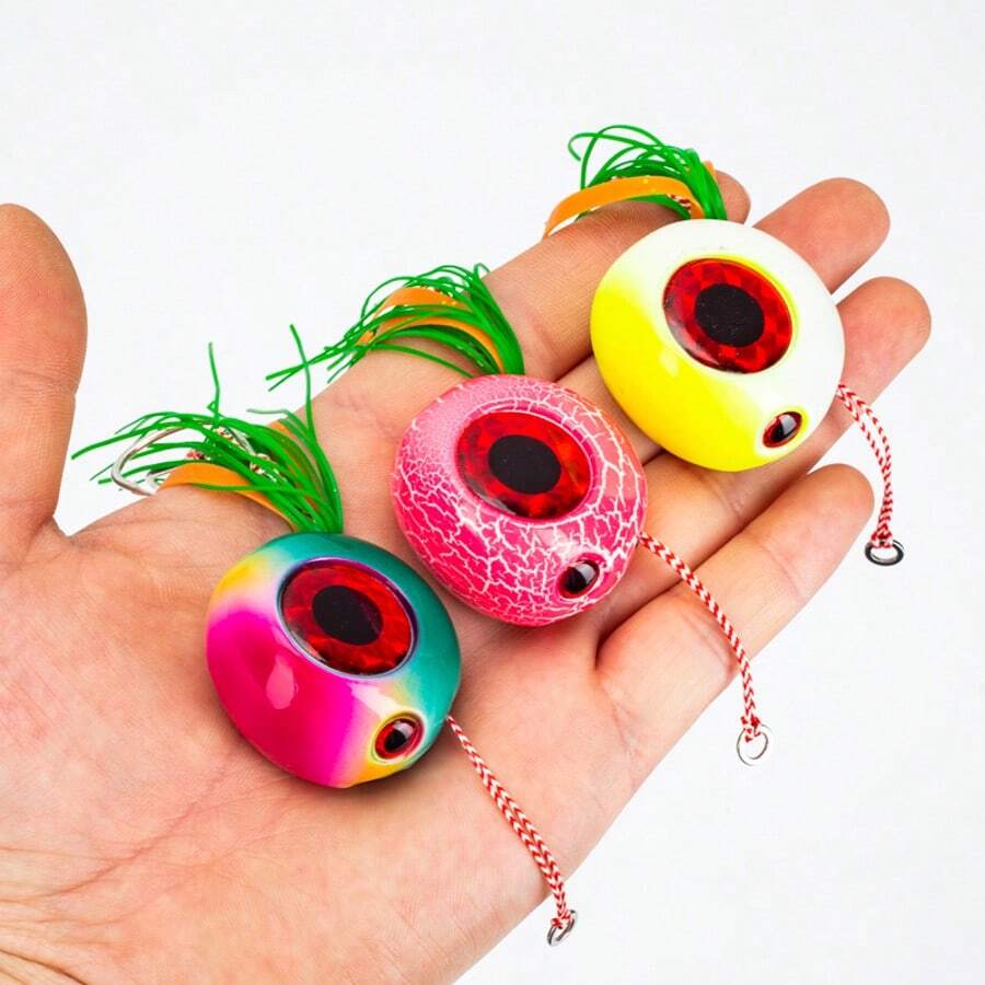 Juego de 3 señuelos de pesca tipo kabura 60g/80g/100g/150g/200g con brillo, para pesca de arrastre lenta, cebo para pesca en barco y mar con faldas de goma y ganchos asistentes, señuelos deslizantes