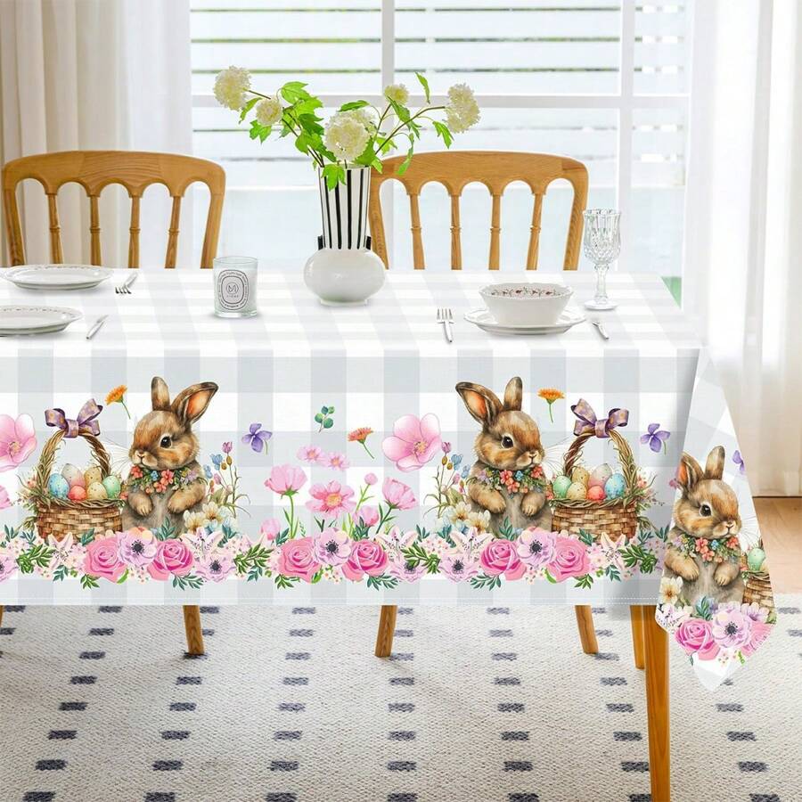 Tovaglia rettangolare pasquale, con stampe floreali, coniglietti e uova, in stile plaid buffalo, adatta per cene, feste, picnic, interno ed esterno, primavera