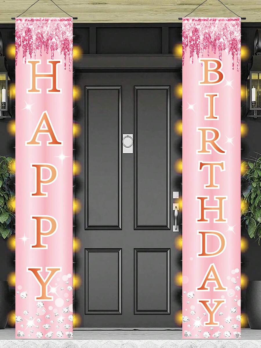 1Pc Happy Birthday Flag Banner Couplet, Gatepost Couplet, Rose Gold Broken Diamond Shining Theme Birthday Party Arrangement Decoration Bunting, Indoor Yard Hanging Birthday Flag, Party Shooting Props Decoration, Birthday Party Flag Decor, Polyester Door Hanging