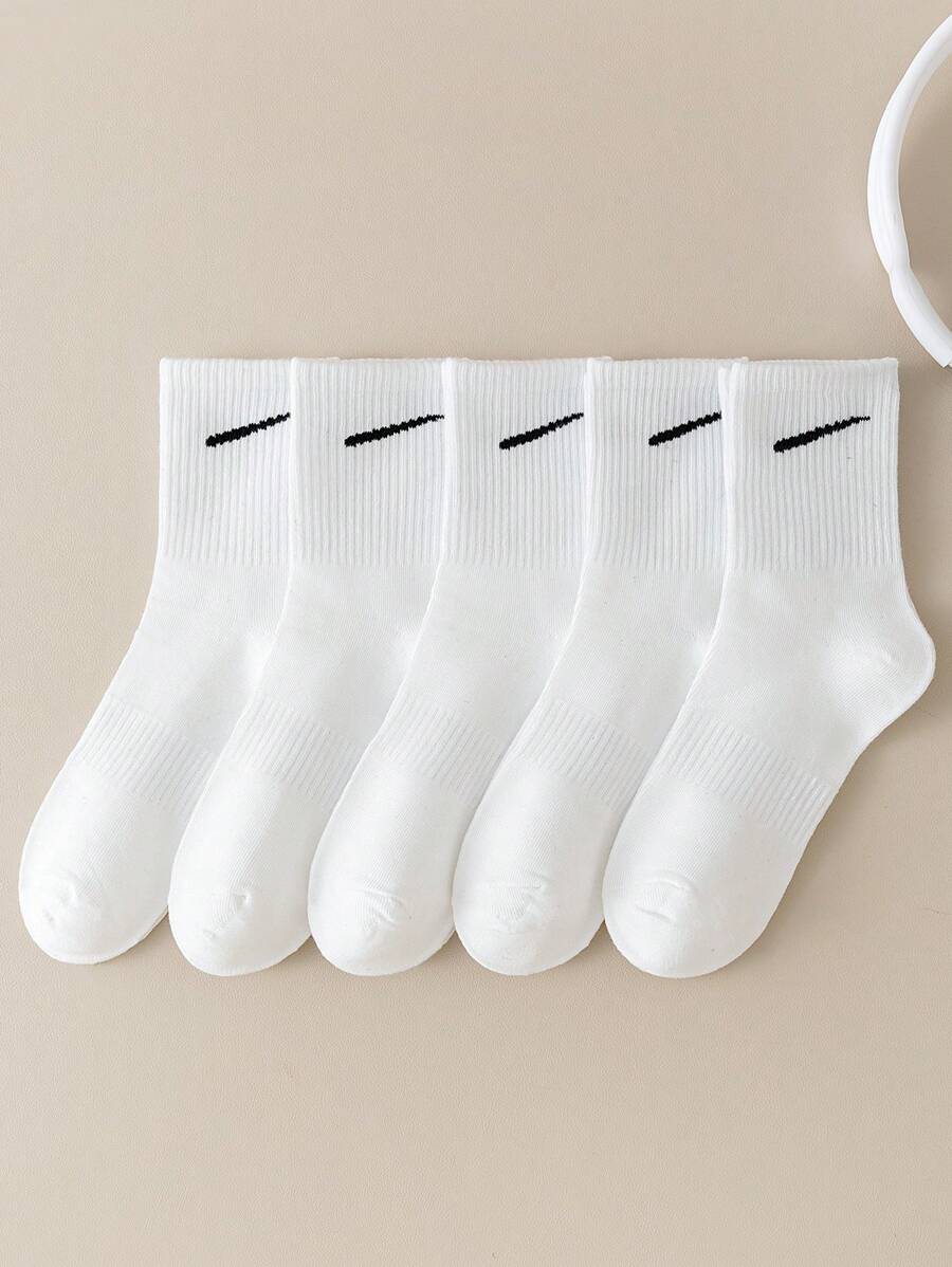 5 Pairs Pure White Socks For Women, Korean Style Mid-Calf Socks, Versatile For Summer, Unisex Athletic Socks For Autumn/Winter