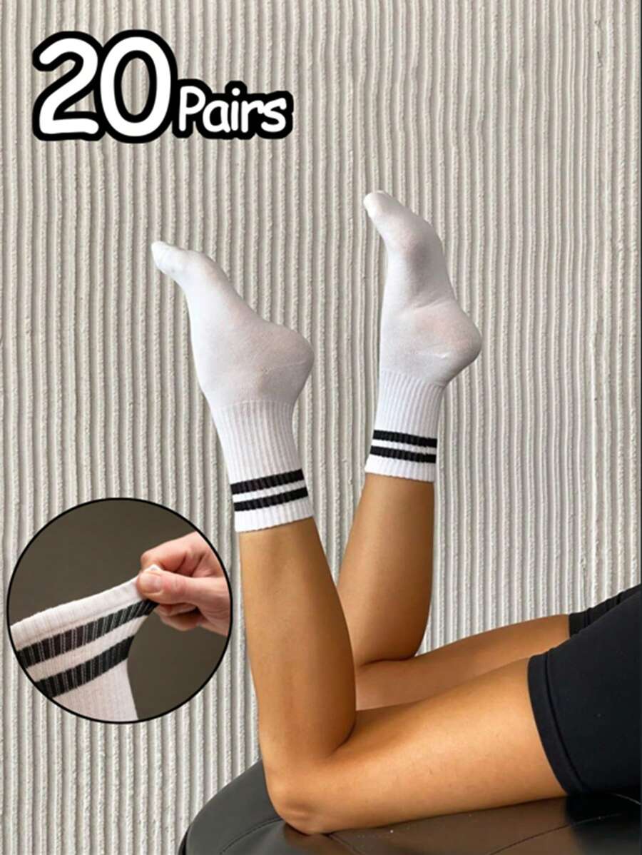 20 Pairs Men's Simple Fashionable Double Stripe Pattern Mid-Calf Socks, Casual And Versatile For Daily Wear