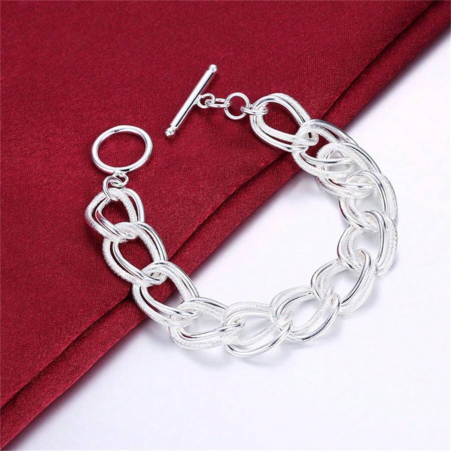 1 pieza Elegante brazalete de cadena de color plateado de 8 pulgadas con diseño exquisito de doble capa en estilo punk y efecto de escarcha, joyería de moda para mujer, ideal para bodas, cumpleaños y fiestas