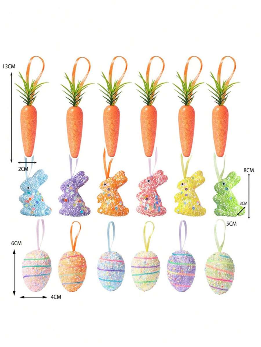 1pc/6pcs/12pcs Easter Colorful Foam Bead Rabbit & Carrot Shaped Realistic Ornament, Easter Holiday Decorations