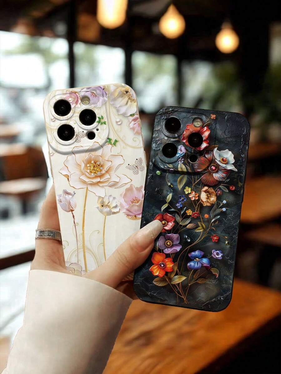 2pcs Couple Ceramic Embossed Floral Painted Drop-Proof Phone Case Compatible With Iphone P14 Pro Max P13 Cartoon P11 P12 XR Cartoon 7 8 GES2 XS, IPhone P15, P16, P16 Pro Max, S24, A04, A12, A13, A14, A21s, A22, A23, A24, A32, A33 A34, A5, A51, A52, A53, A54, A71, A72, A73, S20 FE, S21, S22, Redmi 9, 9A, 10A, 10C, Note 9, Note 10, Note 11, Note 12, 12, 12C