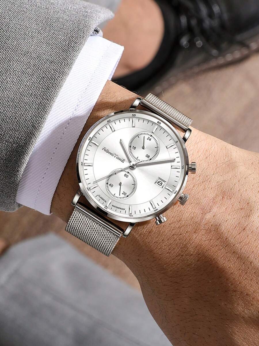 GUANQIN 1 pieza Reloj luminoso impermeable con cronógrafo, calendario, esfera, resistente al desgaste, correa de malla de acero inoxidable milanesa, moda negocios, lujoso, deportivo, clásico, sencillo, casual, estilo mecánico, hombres, automático, de cuarzo, adecuado para el Día de San Valentín, festivales, citas, negocios, regalos